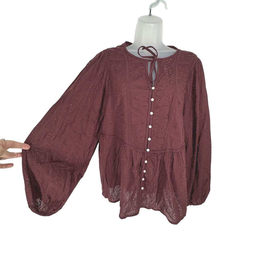 Old Navy Eyelet Embroidered Tie Top Size L Brown Peplum Basque Waist Coquette